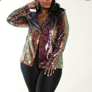 Shimmer in gold plus size, long sleeve blazer